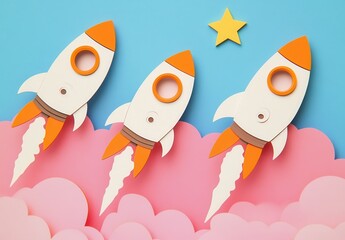 Fototapeta premium Colorful paper rockets launch through fluffy clouds against a blue background, accompanied by a bright yellow star.