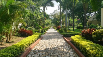 Serene Garden Walkway Surrounded by Lush Greenery