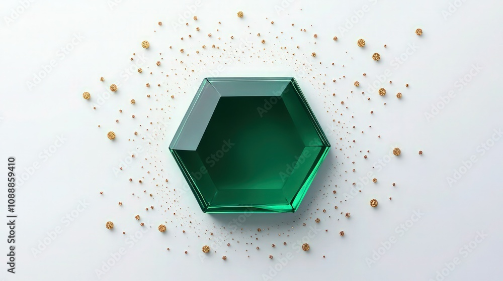 Poster a classic hexagonal shape in deep emerald green set against a bright white background. surrounding i