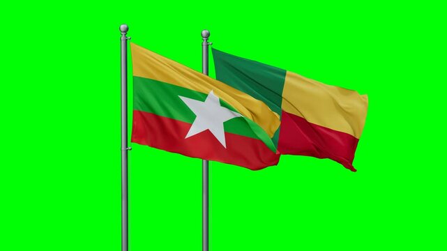 Myanmar and Benin flags flying together, video concept of the relationship with colored chroma key for easy background remove