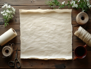 Blank parchment paper on wooden table surrounded by crafting materials