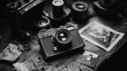 1930s compact folding camera on wooden desk with developing equipment, vintage black and white photography scene