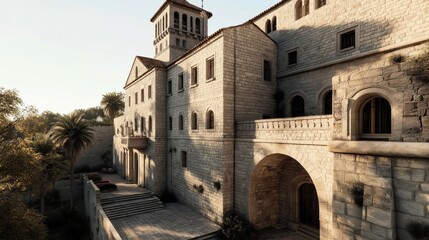 Fototapeta premium Historic stone building with arched windows and tower surrounded by palm trees and greenery in the afternoon sunlight.