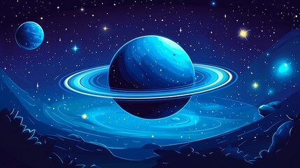 A vibrant blue planet with rings, stars, and a nebula in space.