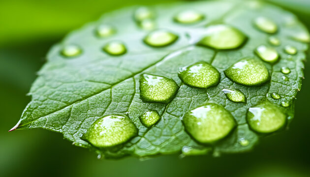 A close-up of water droplets on the edge of a green leaf, macro photography, minimalism, soft tones, light background