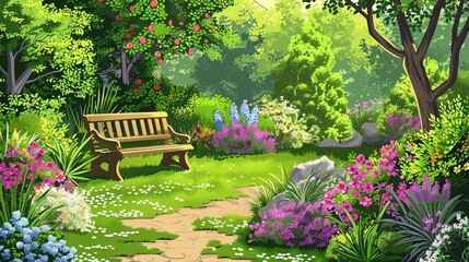 Obraz premium A picturesque garden scene with a wooden bench, a winding path, and a vibrant array of colorful flowers.