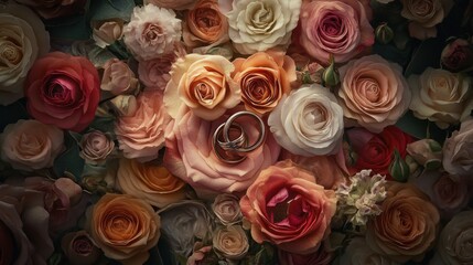 Roses, rings, wedding embrace. Generative AI