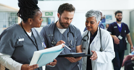 Healthcare, reading and group with tablet, hospital and diversity of staff, documents and...