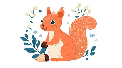 Fototapeta premium Adorable Red Squirrel Holding Acorns Surrounded By Floral Designs