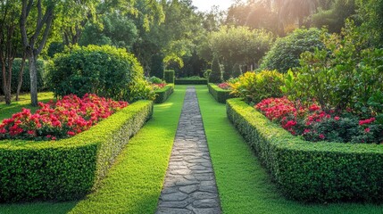 Serene Formal Garden with Neatly Trimmed Plants