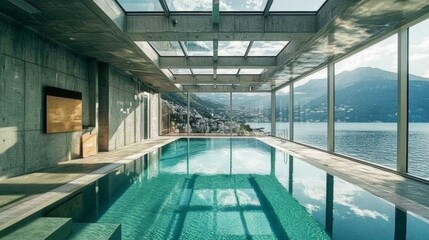 Fototapeta premium Luxury indoor swimming pool. Interior swimming pool, resort, hotel, home, event. Brightly lit, fresh water. 
