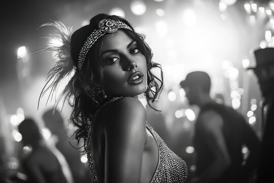 Black and white photograph of a 1920s flapper woman dancing in an art deco club, wearing a beaded dress and feathered headband