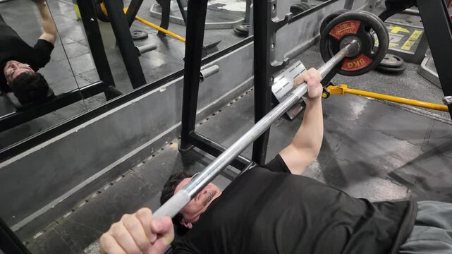 Handsome, Well-Toned White Man Dressed in Black, Wearing Glasses and Performing Barbell Decline Chest Press for Chest Development on Decline Bench, with Cinematic Lighting,Top View