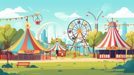 A cartoon illustration of a funfair or carnival with tents, rides, and people.