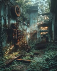 Abandoned Industrial Site Overgrown with Vines and Moss