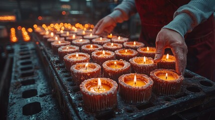 Artisan Craftsmanship in Candle Making: Skilled Hands Creating Beautiful Candles with Warm Glow and Soft Light in a Cozy Workshop Environment