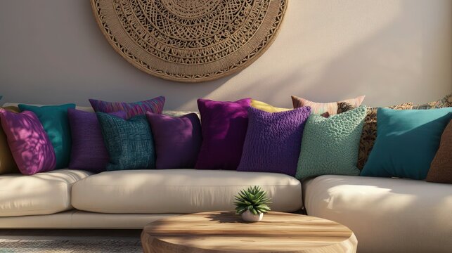 A cozy living room showcasing a cream-colored sofa with an array of colorful pillows, including purple and teal. A large circular wall hanging adds texture and interest.
