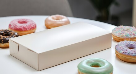 A blank donut box packaging mock-up, surrounded by colorful donuts on a café table 3d illustration template image.