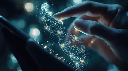 Doctor Scientist Examining Digital DNA Strand with Futuristic Technology Interface. healthcare technology concept