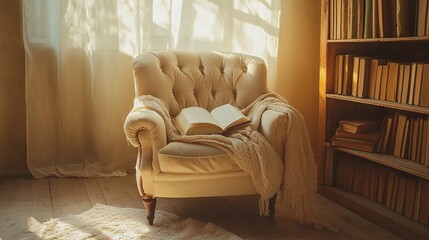 Fototapeta premium A cozy reading nook with an open book on a chair, surrounded by warm lighting and shelves.