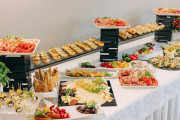 Table with snacks, food fingers, cold cuts, stuffed peppers, cheeses, zucchini rolls, tartlets, foccacia, pizza, feta cheese, themed table, all inclusive, delicious food, luxury snacks, appetizers