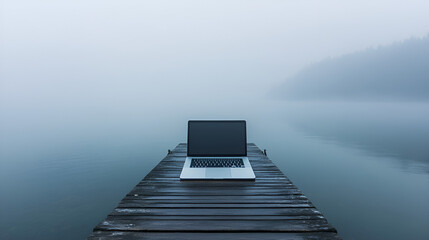 Obraz premium Laptop on a narrow pier extending into a misty lake peaceful and isolated workspace Copy space