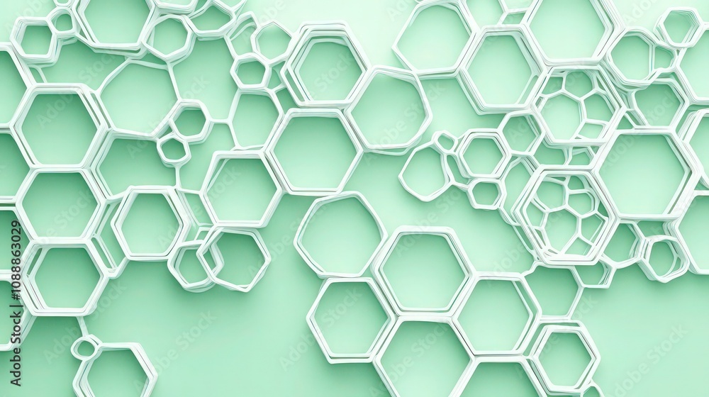 Poster a creative composition of overlapping hexagons against a soft mint green background. the hexagons fe