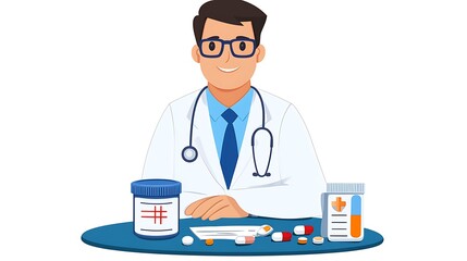 Step-by-Step Dosage Calculation Process with Doctor and Medication on Table for Educating Healthcare Professionals and Students in Pharmaceutical Sciences