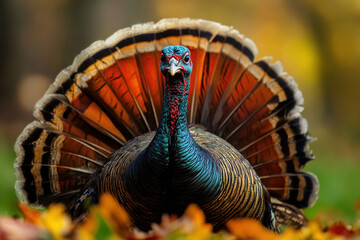 Majestic turkey displaying vibrant plumage in a colorful autumn setting, capturing the essence of nature's beauty during the fall season.