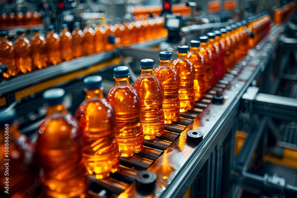 Poster overhead shot of a bottling plant's automated line filling and capping bottles of beverages with lab