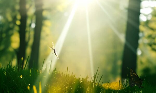 Beautiful natural atmospheric image of spring or summer morning forest with sunbeams breaking through and butterfly in wild grass