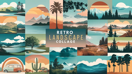 Retro Landscape Collage: A creative collage featuring PNG cut-out elements of retro landscapes, perfect for artistic projects and design inspirations.