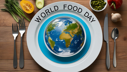 World Food Day Concept: A compelling image of a globe on a plate with cutlery, symbolizing World Food Day and the importance of global food security and sustainability.