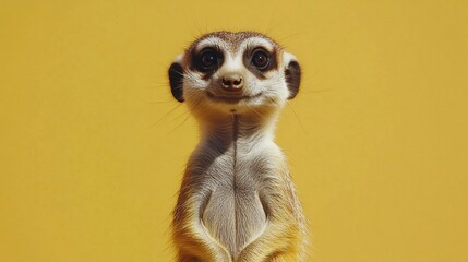 A close-up of a meerkat against a bright yellow background, showcasing its curious expression.