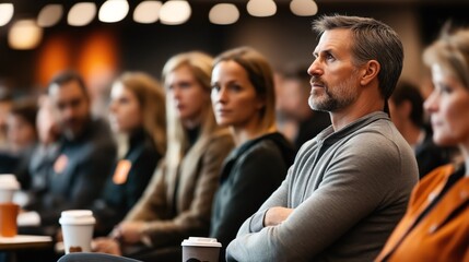 Audience attentively listening to a presentation or seminar, with focus on a man with a gray beard and crossed arms holding coffee cups.