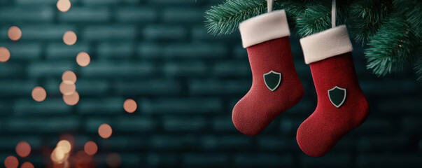 Digital fireplace with stockings hanging, each marked with a cybersecurity emblem like shields and padlocks, 3D illustration