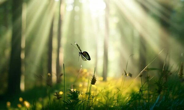 Beautiful natural atmospheric image of spring or summer morning forest with sunbeams breaking through and butterfly in wild grass