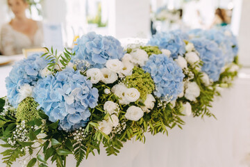Blue hydrangeas, white hydrangeas, flower decorations, flower bouquet, wedding flowers, beautiful flowers, art of plant arranging, luxurious decorations