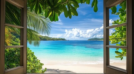 A breathtaking view from inside the house through an open window, revealing a beautiful beach with crystal-clear turquoise water, white sand, and lush tropical greenery under a bright, sunny sky