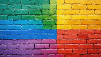 Fototapeta premium A bright and bold rainbow stripe pattern on an outdoor brick wall for Pride Month, symbolizing unity, acceptance, and love. Perfect for banners and promotional material