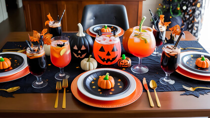 Halloween Party Table: A festive table setting for a Halloween party, complete with drinks and decorations, capturing the spirit of celebration and community.