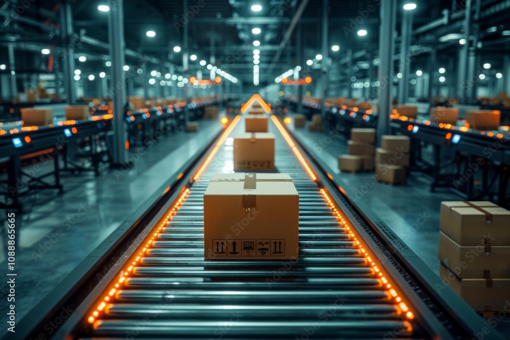 Poster wide shot of an automated conveyor system transporting boxes of finished products through a factory 