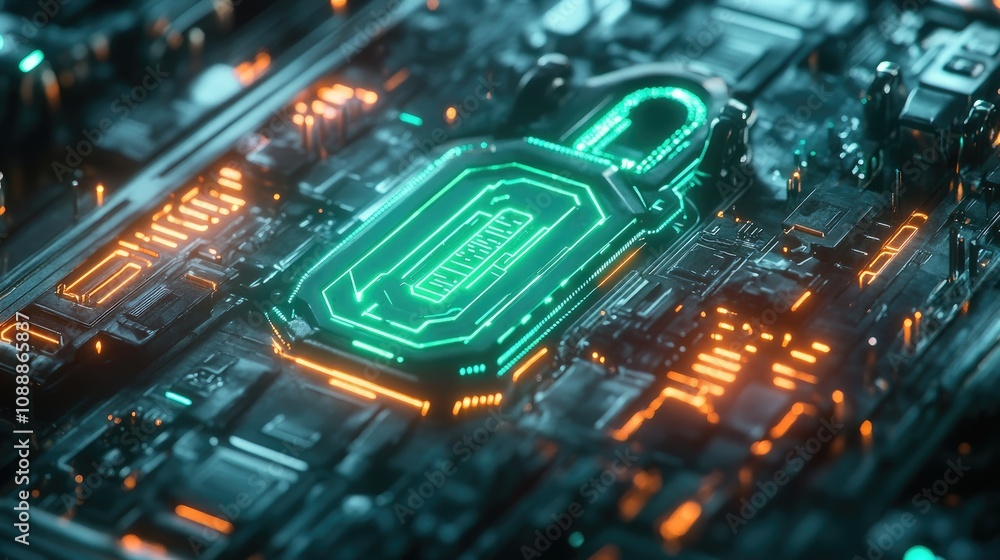 Poster a close-up shot of a futuristic digital padlock with glowing green circuit lines, symbolizing advanc