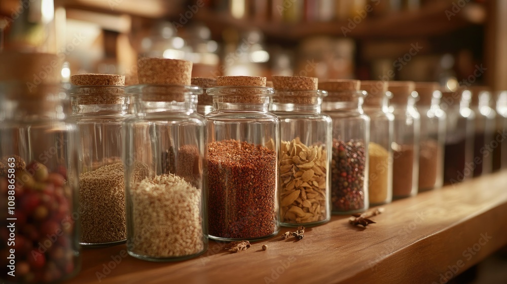 Poster a close-up shot of various spices in clear glass jars, displayed on a wooden table, creating a warm 