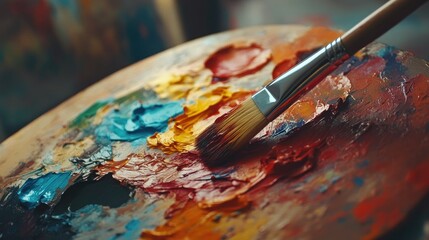 Fototapeta premium A close-up shot of an artist palette filled with bright, mixed colors, and a brush ready to paint, symbolizing inspiration for creative professionals and designers