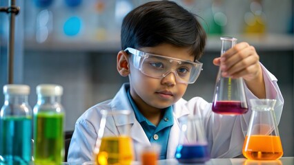 "Indian Child Scientist Experimenting"
A child performing a science experiment with beakers and a colorful chemical reaction in the background.