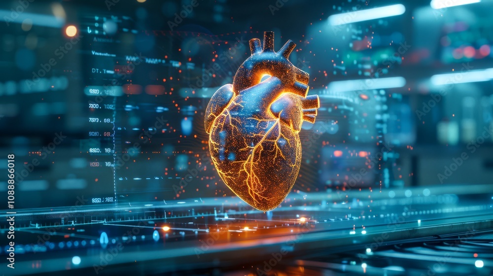 Poster 3d-rendered model of a heart with detailed health data floating around it, displayed in a high-tech 
