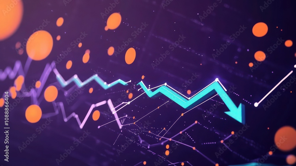 Poster a futuristic data analysis scene set against a dark purple backdrop, featuring dynamic cyan arrows p