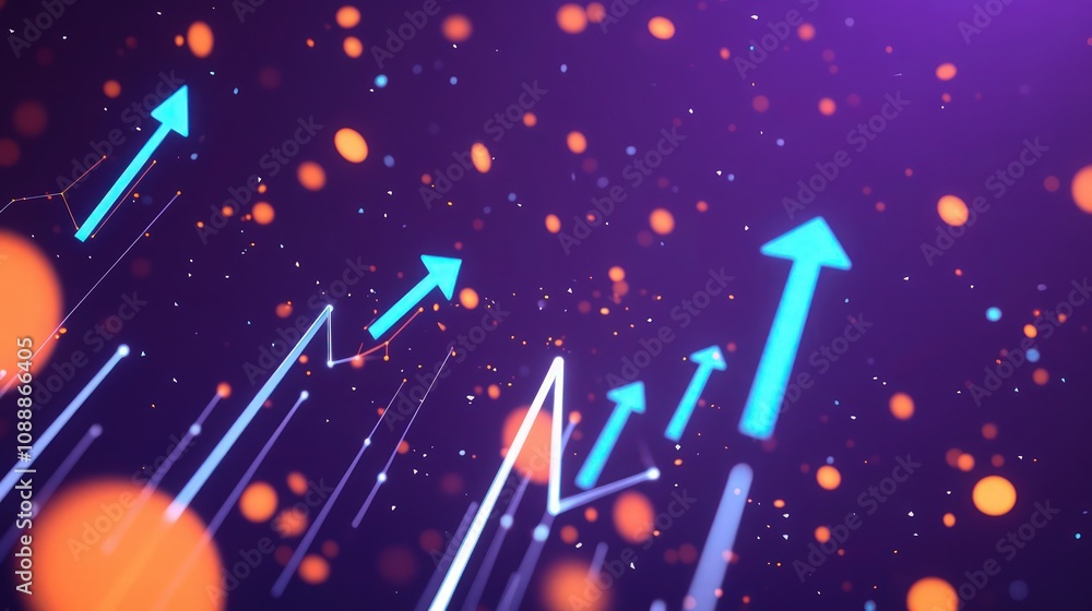Poster a futuristic data analysis scene set against a dark purple backdrop, featuring dynamic cyan arrows p
