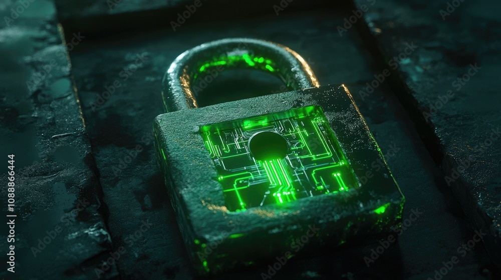 Aufkleber A digital padlock with bright green glowing circuits, symbolizing secure connections and cutting-edge technology, ideal for visuals related to privacy, encryption, and future security solutions